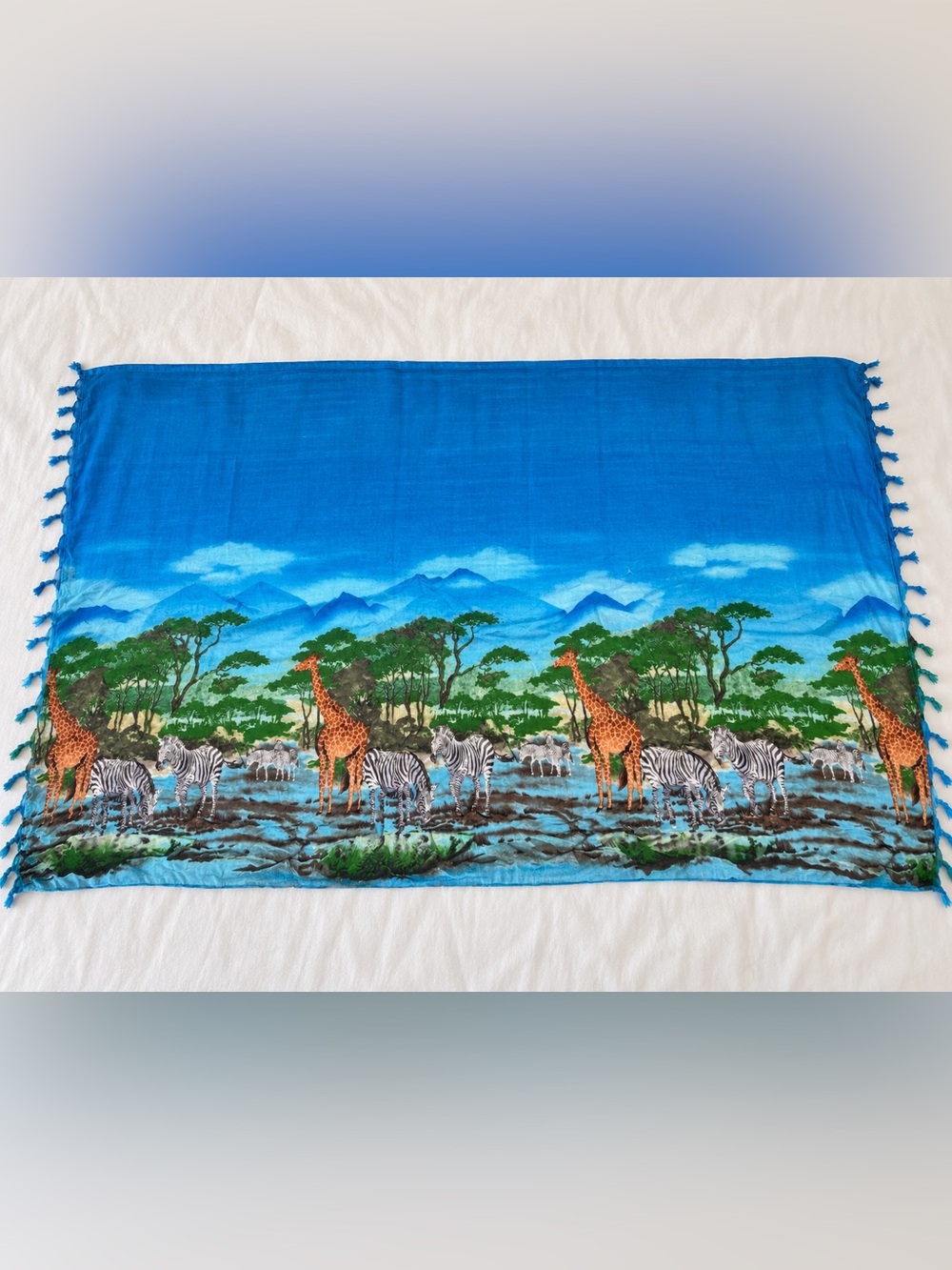 Never used Blue Safari Animal Print Scarf/Sarong – Giraffe & Zebra Tassel Wrap